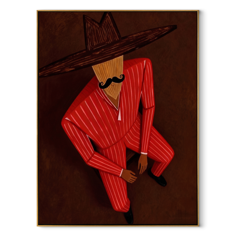 Scarlet Shadow Sits Low – Seated Red Hat Figure Painting | Mid-Century Modern Vertical Wall Art