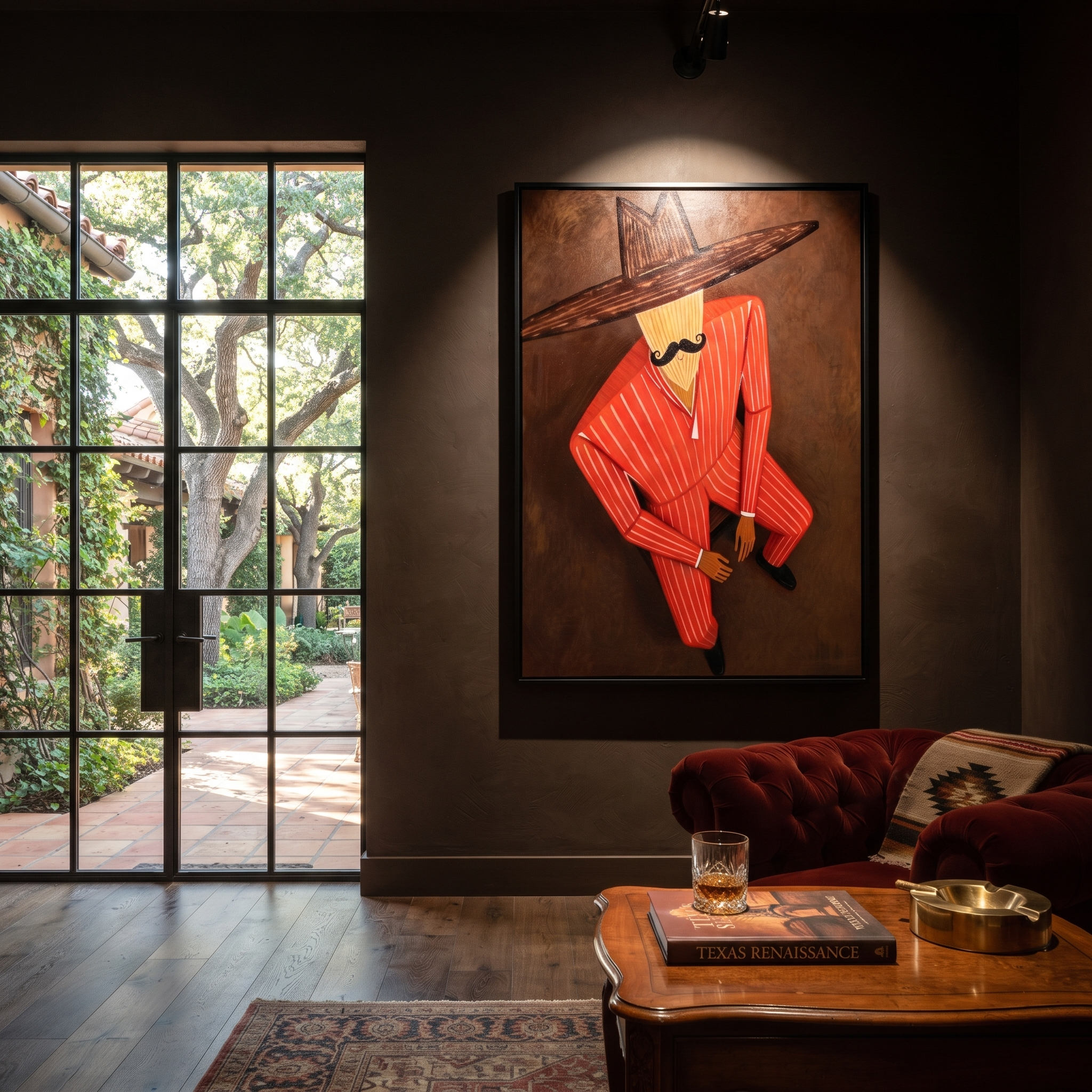 Scarlet Shadow Sits Low styled in a layered residential interior