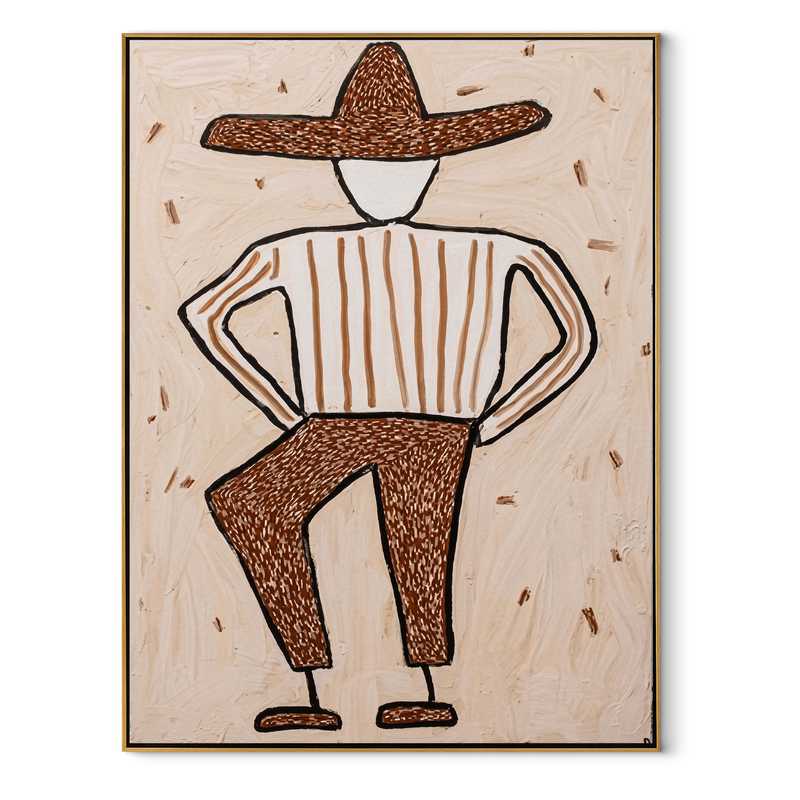Spotted Brim Walks Lightly – Geometric Spotted Hat Figure Painting | Mid-Century Modern Vertical Wall Art