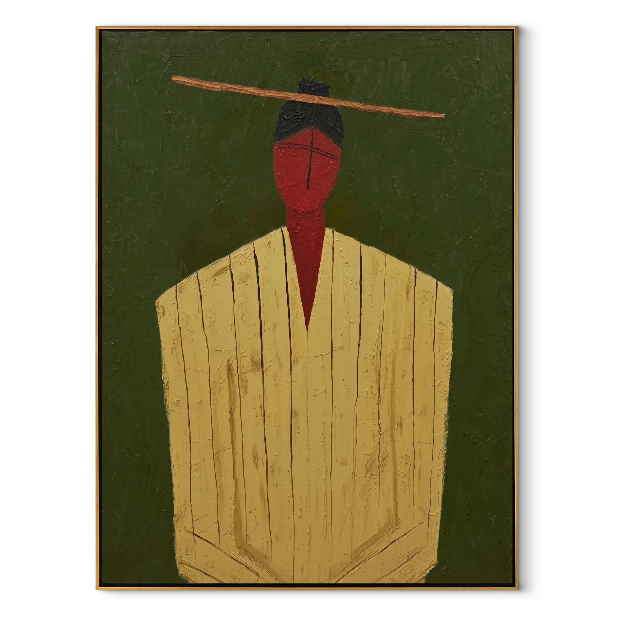 Golden Robe Holds Moss abstract figurative textured painting, vertical canvas artwork
