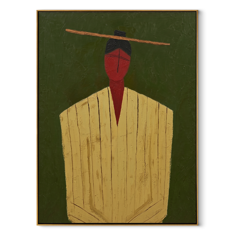 Golden Robe Holds Moss – Gold Robe Portrait Painting | Mid-Century Modern Vertical Wall Art