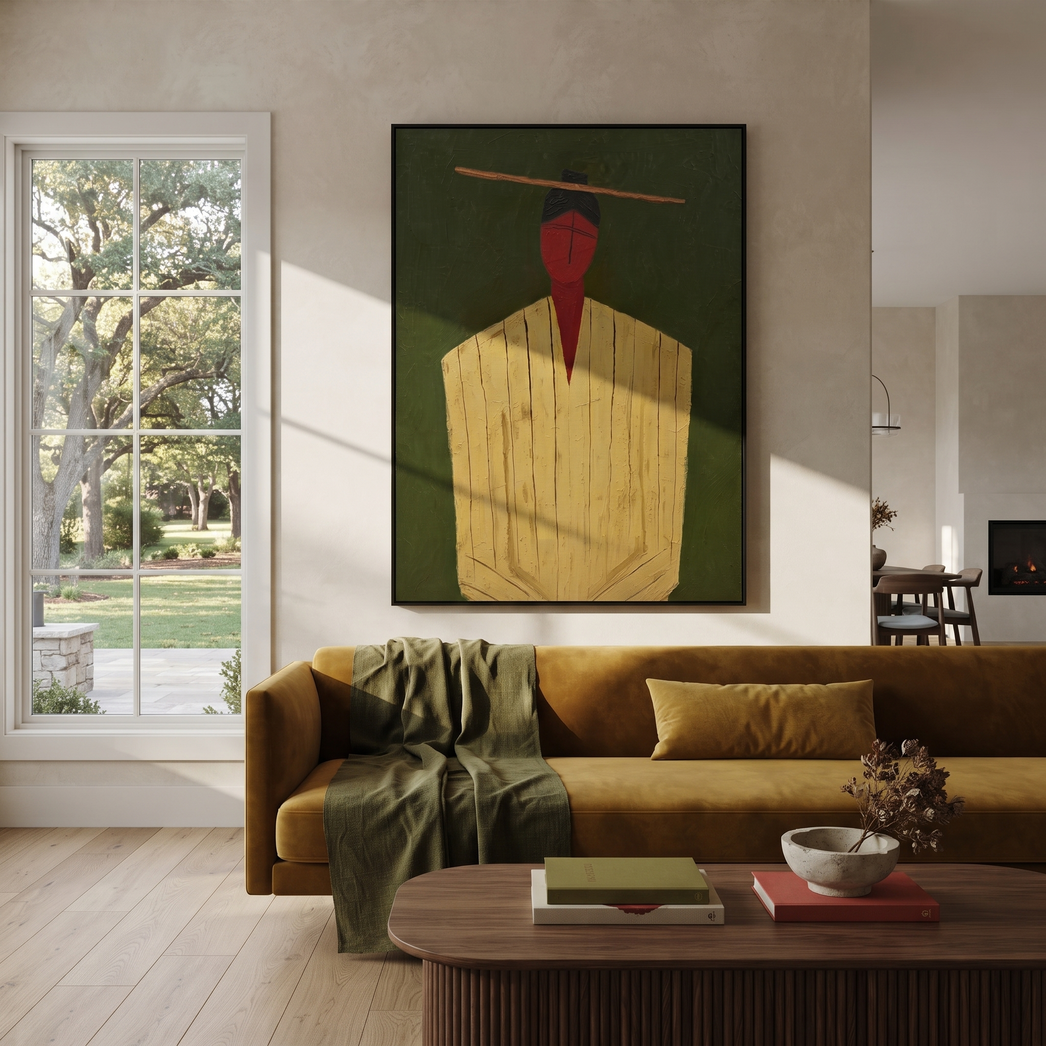 Golden Robe Holds Moss presented above a contemporary console