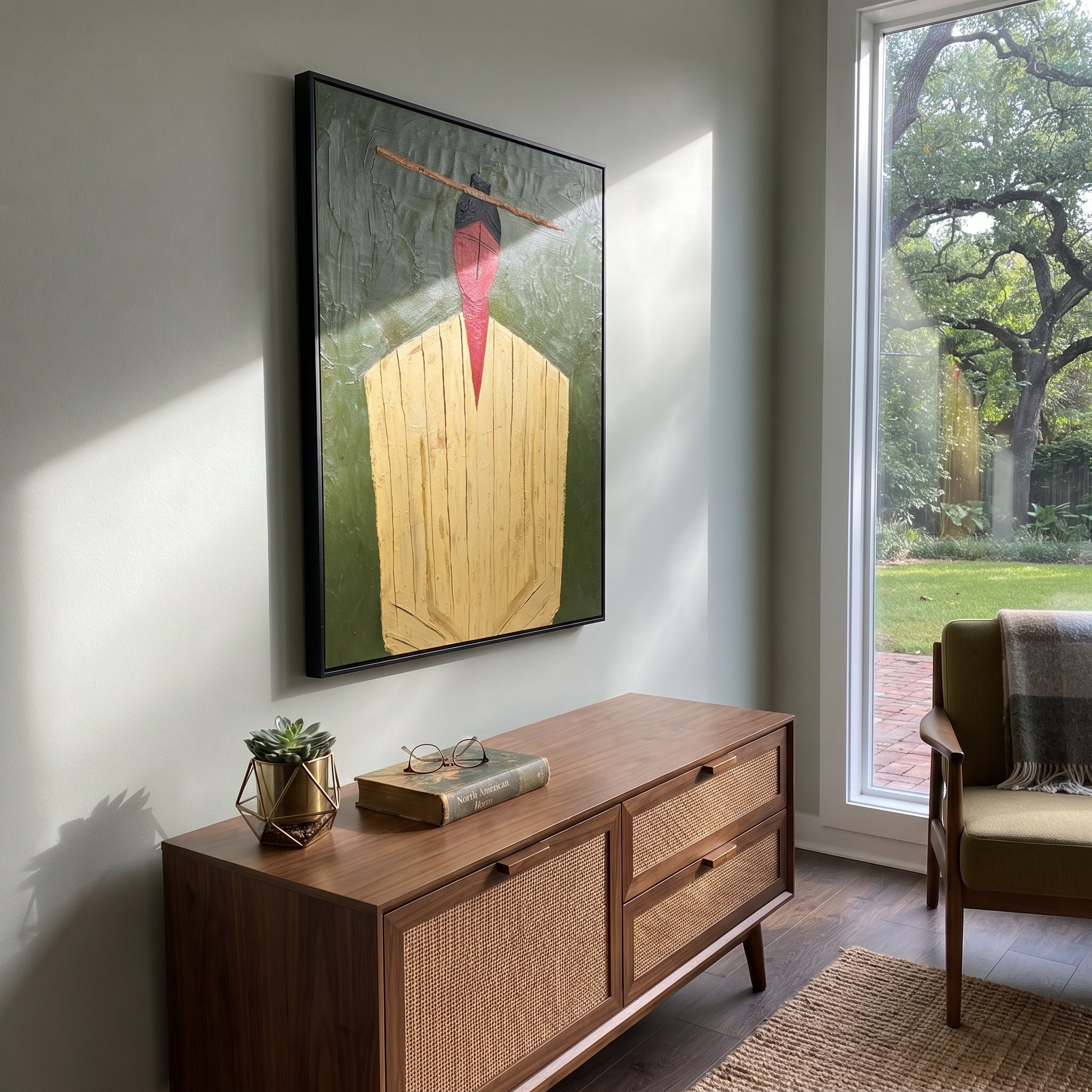 Golden Robe Holds Moss styled in a layered residential interior