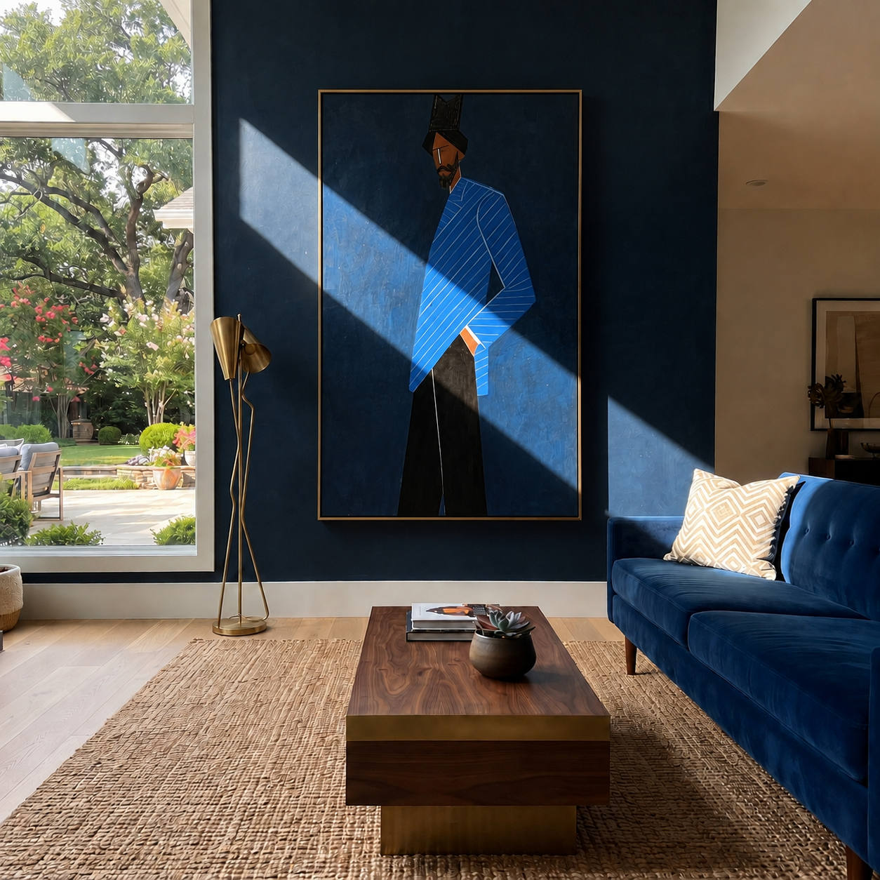 Blue Angles Cross Midnight displayed in a warm contemporary interior