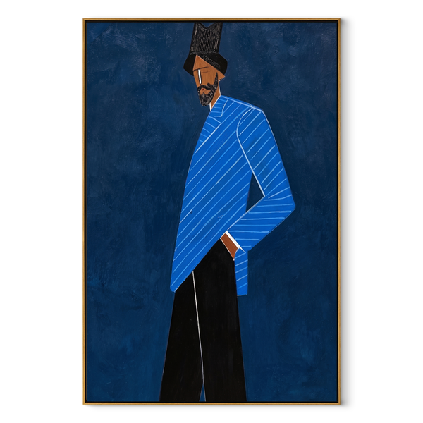 Blue Angles Cross Midnight – Blue Suit Profile Figure Painting | Mid-Century Modern Vertical Wall Art