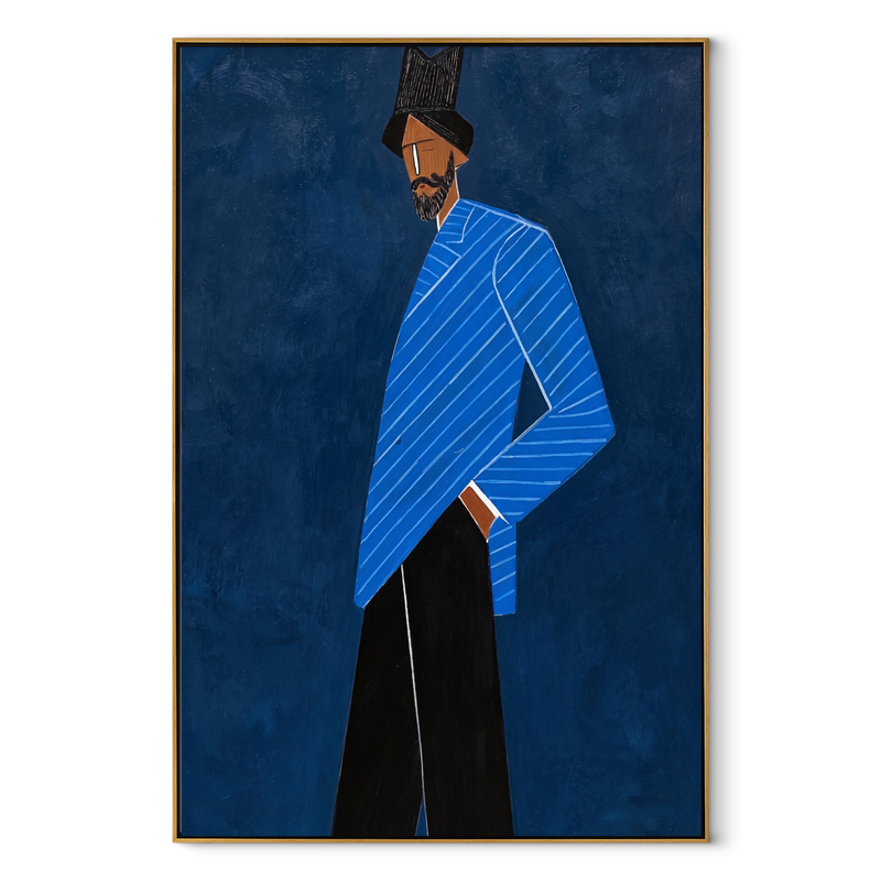 Blue Angles Cross Midnight – Blue Suit Profile Figure Painting | Mid-Century Modern Vertical Wall Art