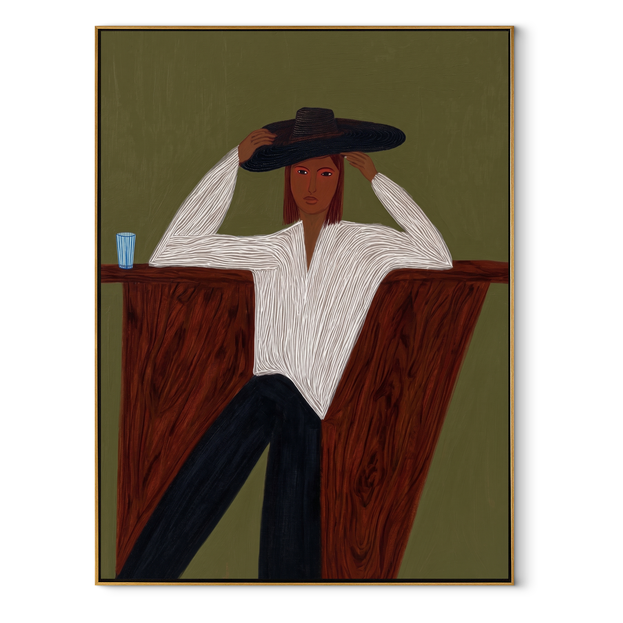 White Blouse Waits Olive abstract figurative textured painting, vertical canvas artwork