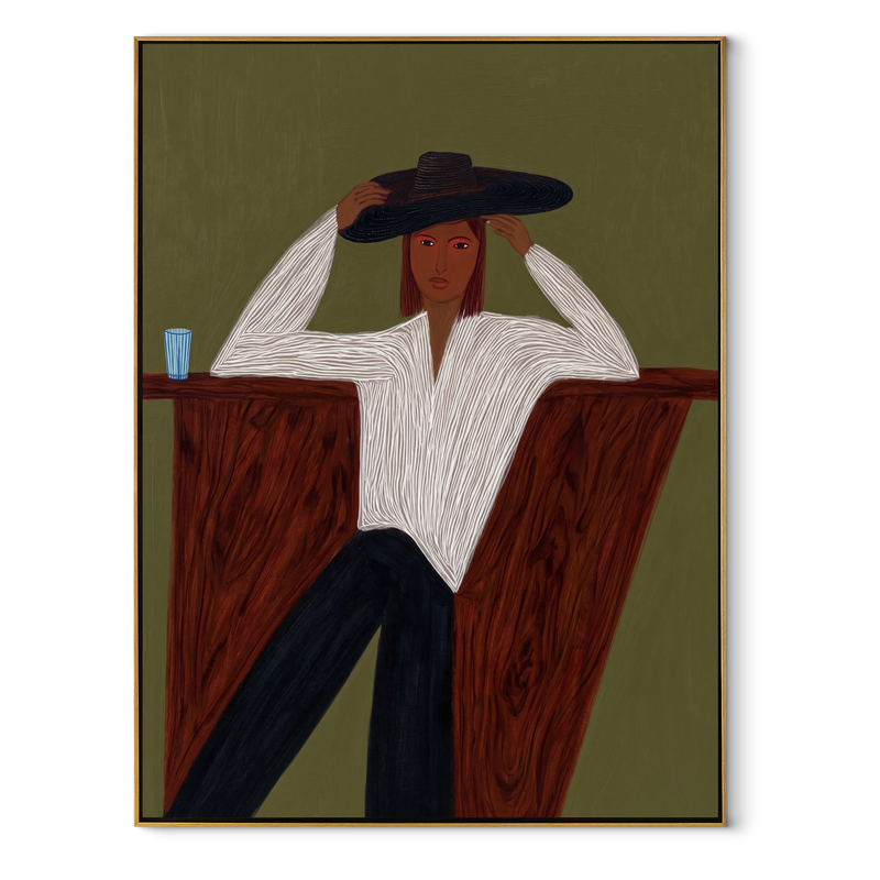 White Blouse Waits Olive – Seated White Blouse Figure Painting | Mid-Century Modern Vertical Wall Art