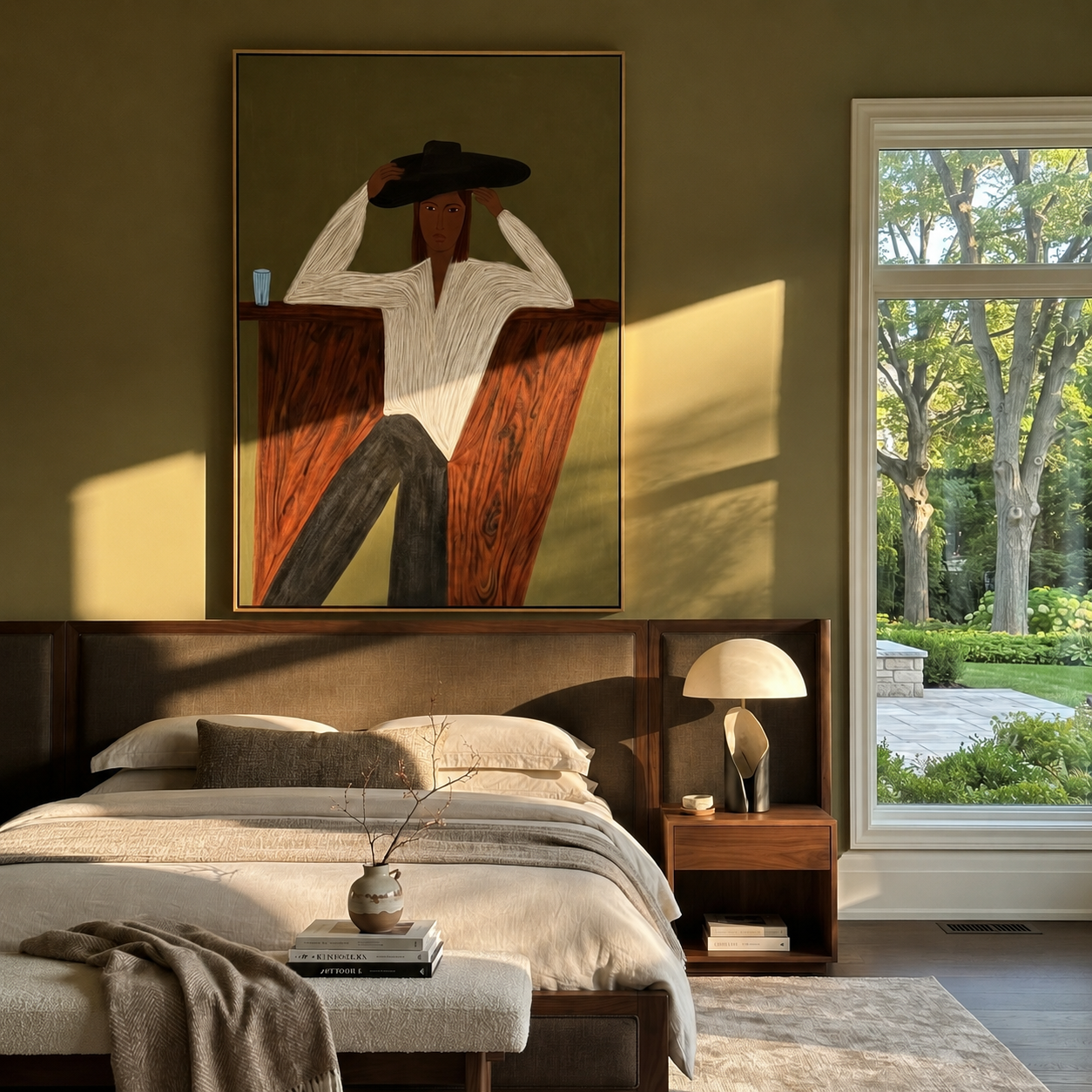 White Blouse Waits Olive styled with neutral modern furnishings