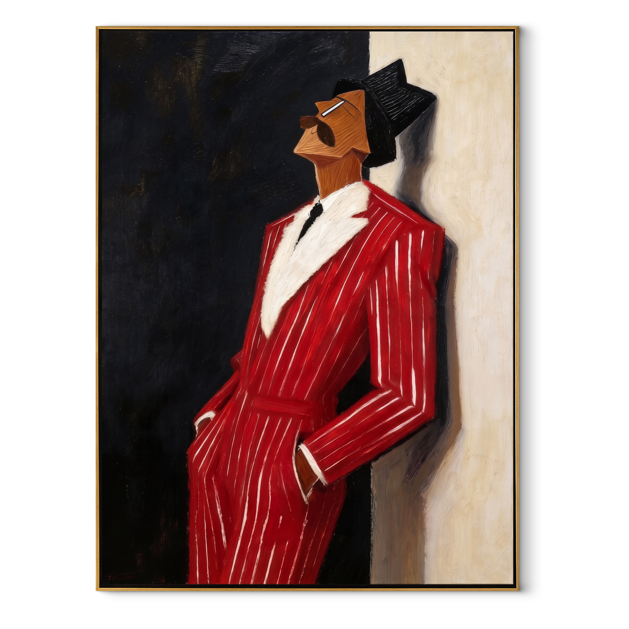 Scarlet Suit into Night abstract figurative textured painting, vertical canvas artwork