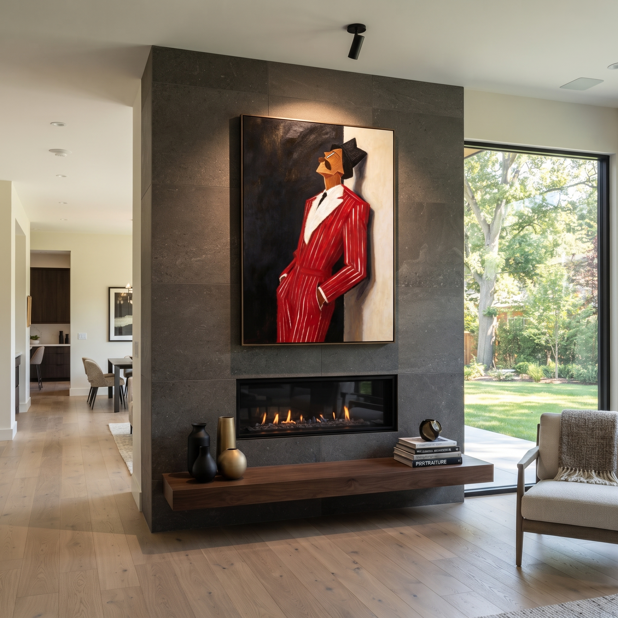 Scarlet Suit into Night presented above a contemporary console