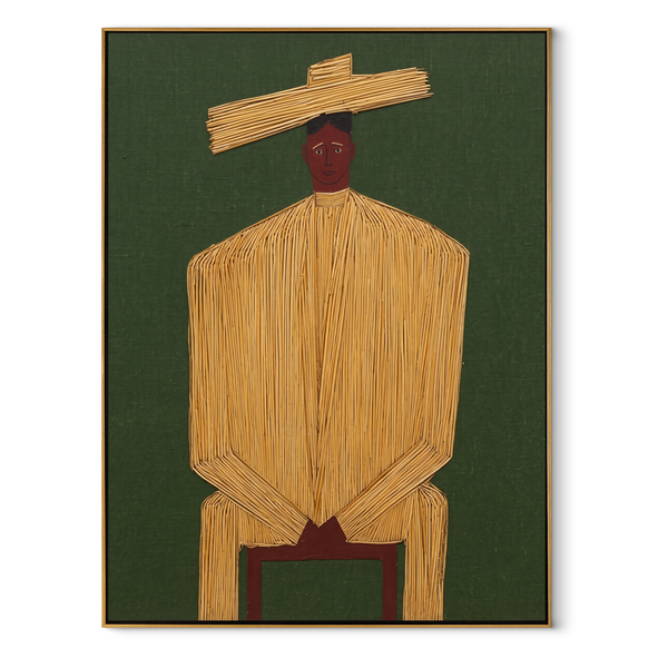 Golden Stillness Takes Seat – Seated Gold Robe Figure Painting | Mid-Century Modern Vertical Wall Art
