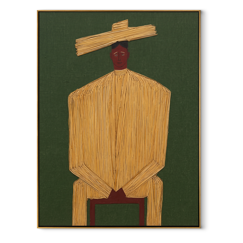 Golden Stillness Takes Seat – Seated Gold Robe Figure Painting | Mid-Century Modern Vertical Wall Art
