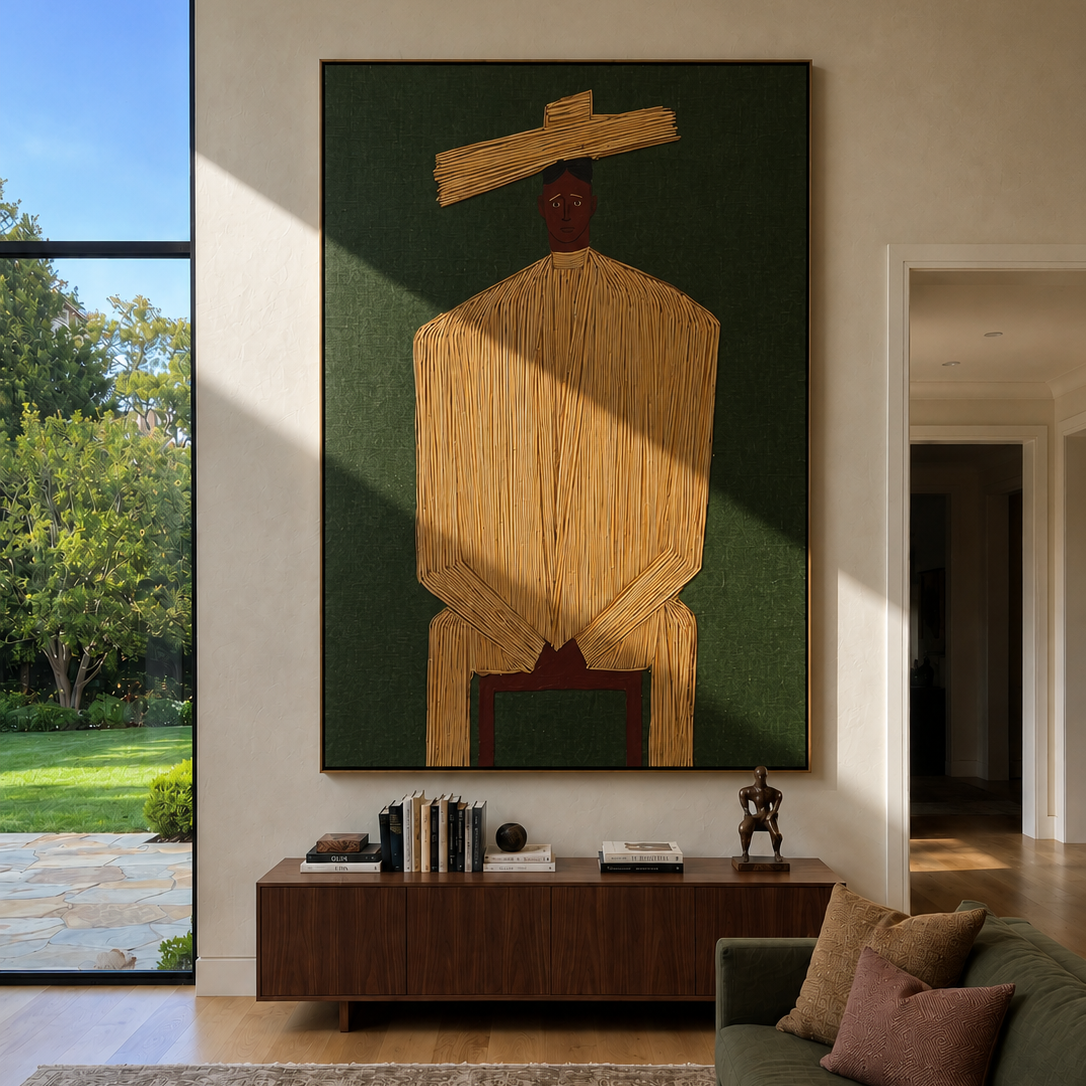 Golden Stillness Takes Seat presented above a contemporary console