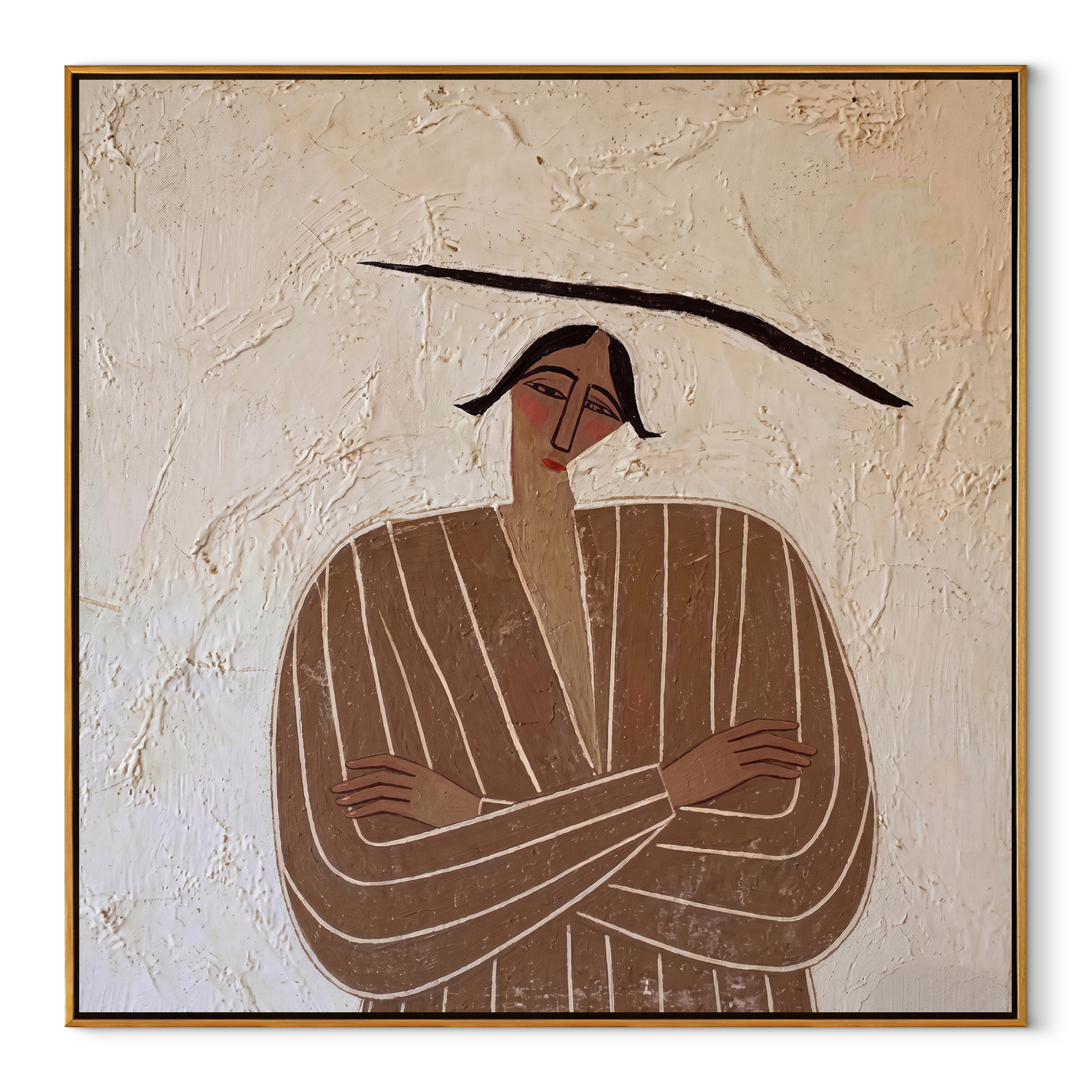 Brown Lines Fold Quietly abstract figurative textured painting, square canvas artwork