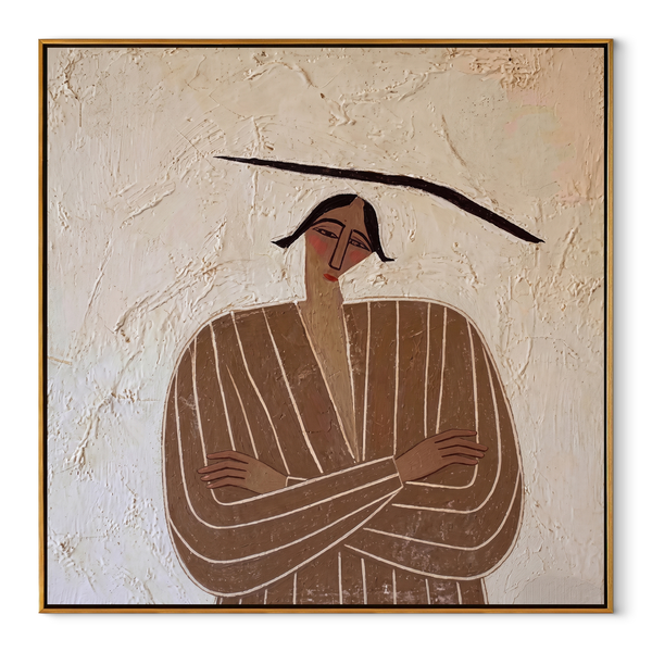 Brown Lines Fold Quietly – Folded Arm Brown Figure Painting | Mid-Century Modern Square Wall Art