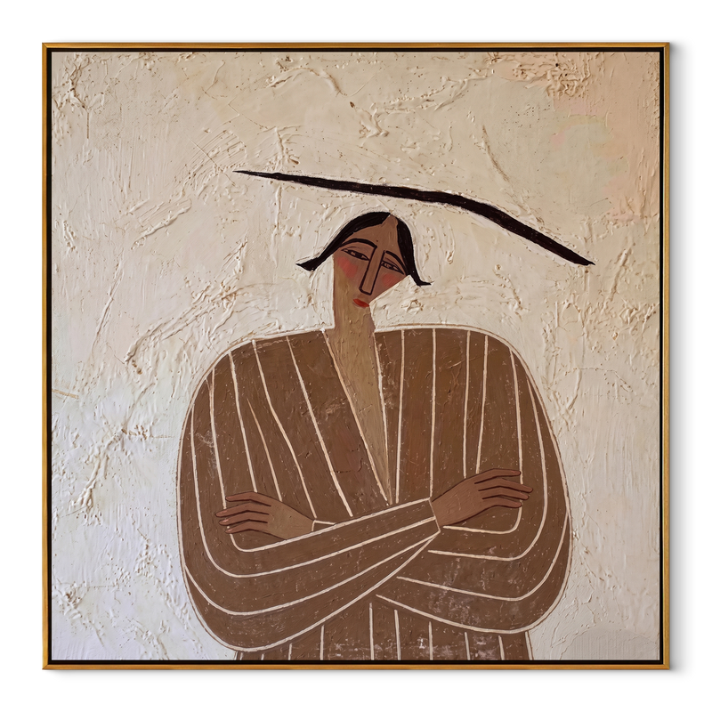 Brown Lines Fold Quietly – Folded Arm Brown Figure Painting | Mid-Century Modern Square Wall Art