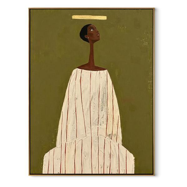 Ivory Column Faces Olive – Tall Ivory Robe Portrait Painting | Mid-Century Modern Vertical Wall Art