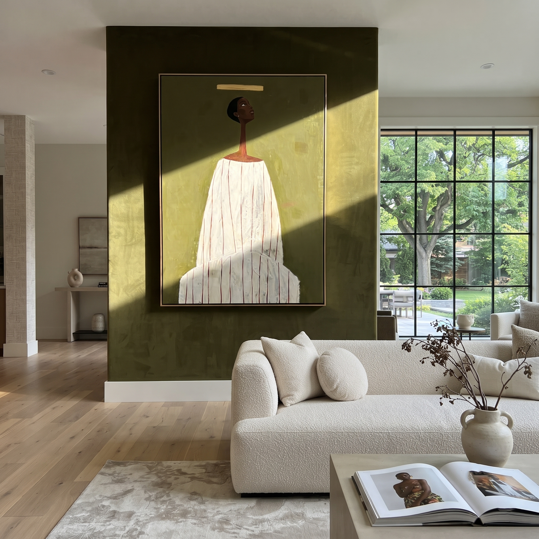 Ivory Column Faces Olive styled with neutral modern furnishings