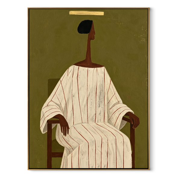 Ivory Lines Take Chair – Seated Ivory Robe Portrait Painting | Mid-Century Modern Vertical Wall Art