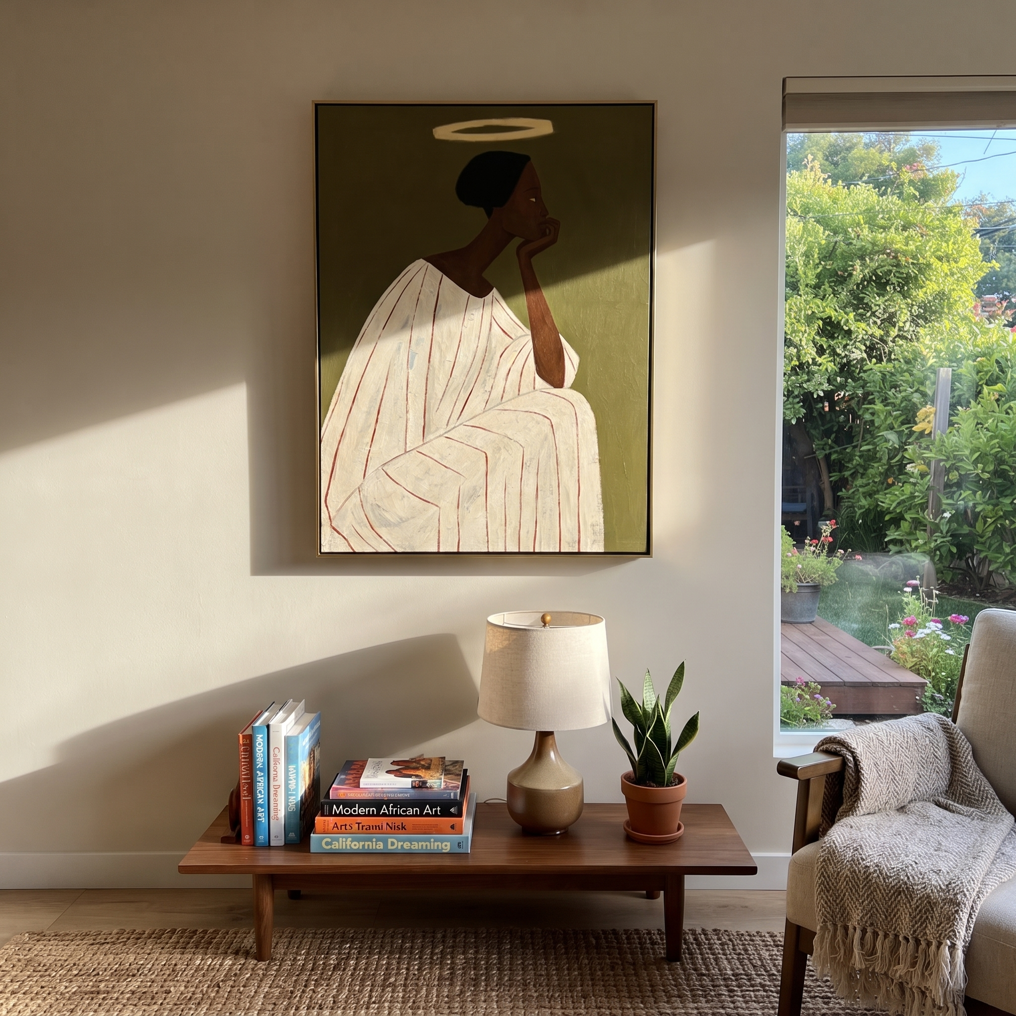 White Robe Holds Thought styled with neutral modern furnishings