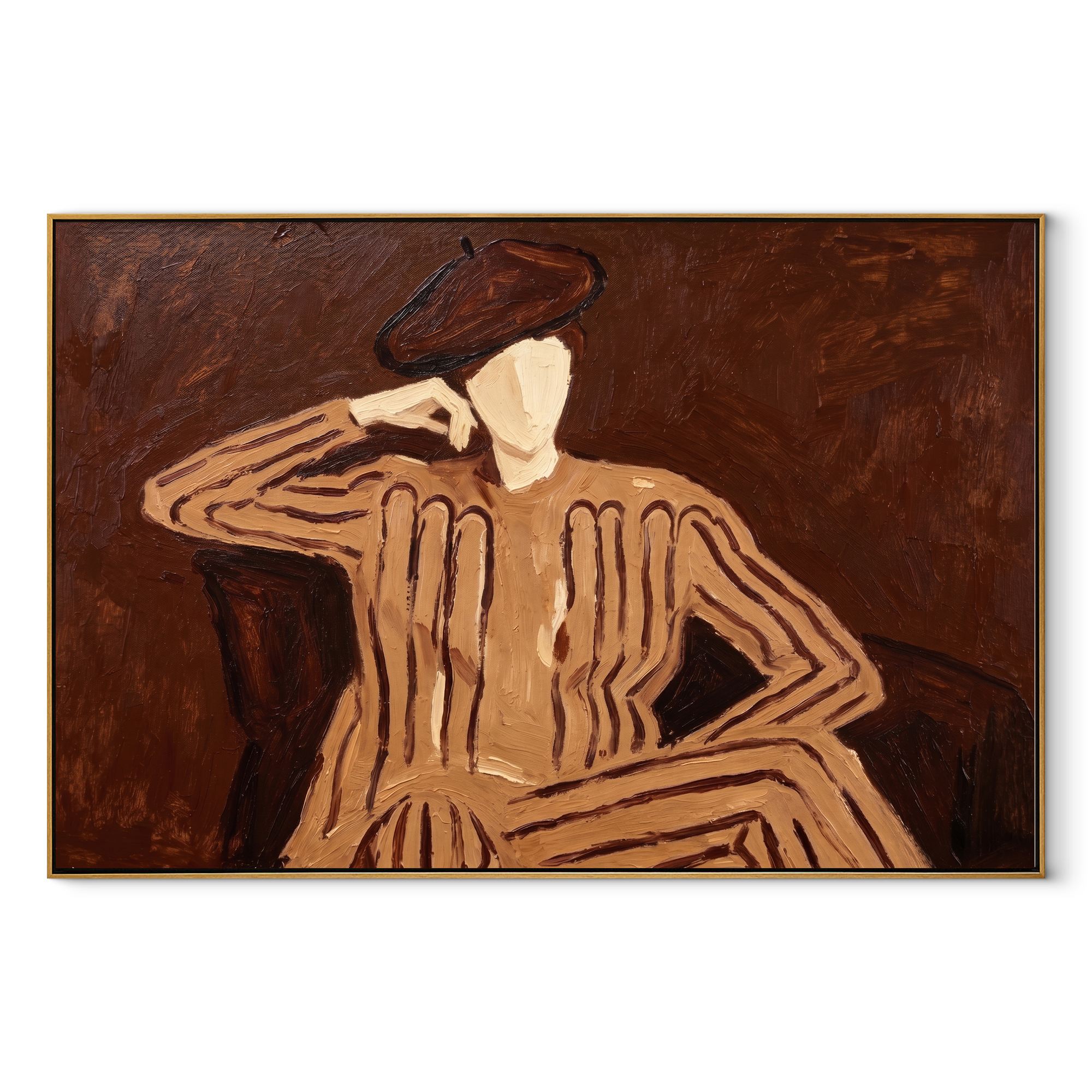 Brown Echo Leans Sideways abstract figurative textured painting, horizontal canvas artwork