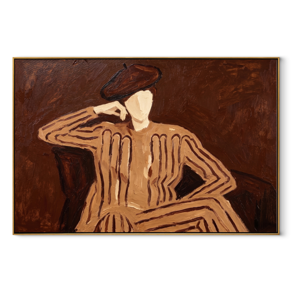 Brown Echo Leans Sideways – Reclining Brown Figure Painting | Mid-Century Modern Horizontal Wall Art