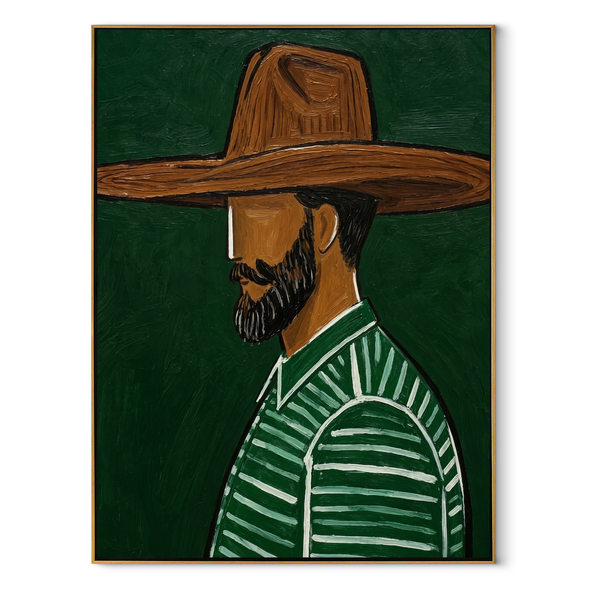 Forest Profile Guards Umber – Bearded Green Profile Painting | Mid-Century Modern Vertical Wall Art