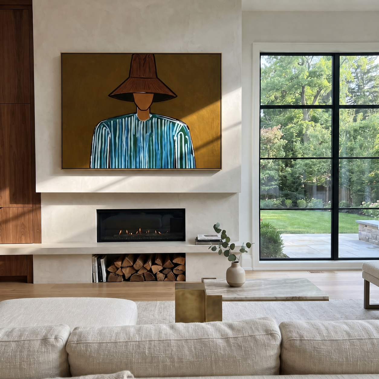 Blue Lines Beneath Brown displayed in a warm contemporary interior