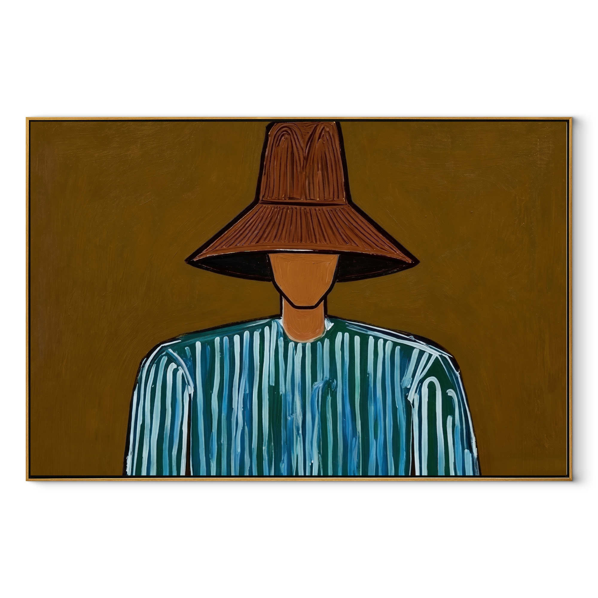 Blue Lines Beneath Brown abstract figurative textured painting, horizontal canvas artwork