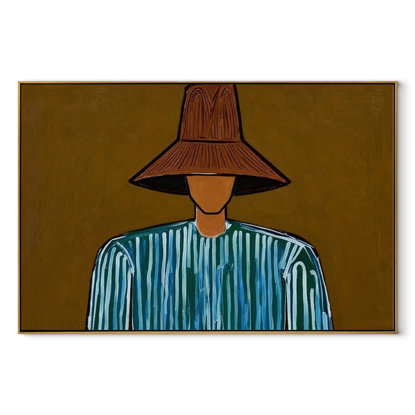 Blue Lines Beneath Brown – Blue Stripe Wide Hat Portrait Painting | Mid-Century Modern Horizontal Wall Art