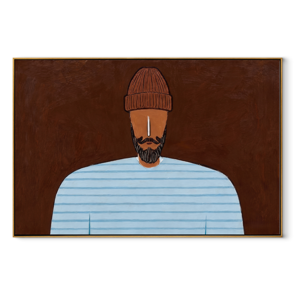 Pale Blue Meets Earth – Blue Stripe Bearded Portrait Painting | Mid-Century Modern Horizontal Wall Art
