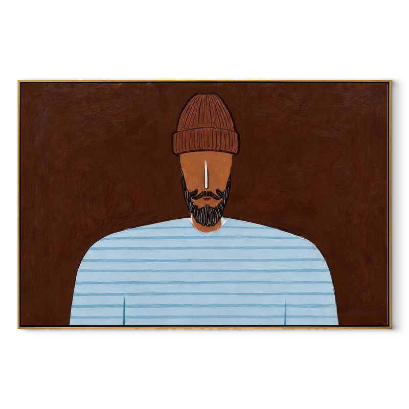 Pale Blue Meets Earth – Blue Stripe Bearded Portrait Painting | Mid-Century Modern Horizontal Wall Art