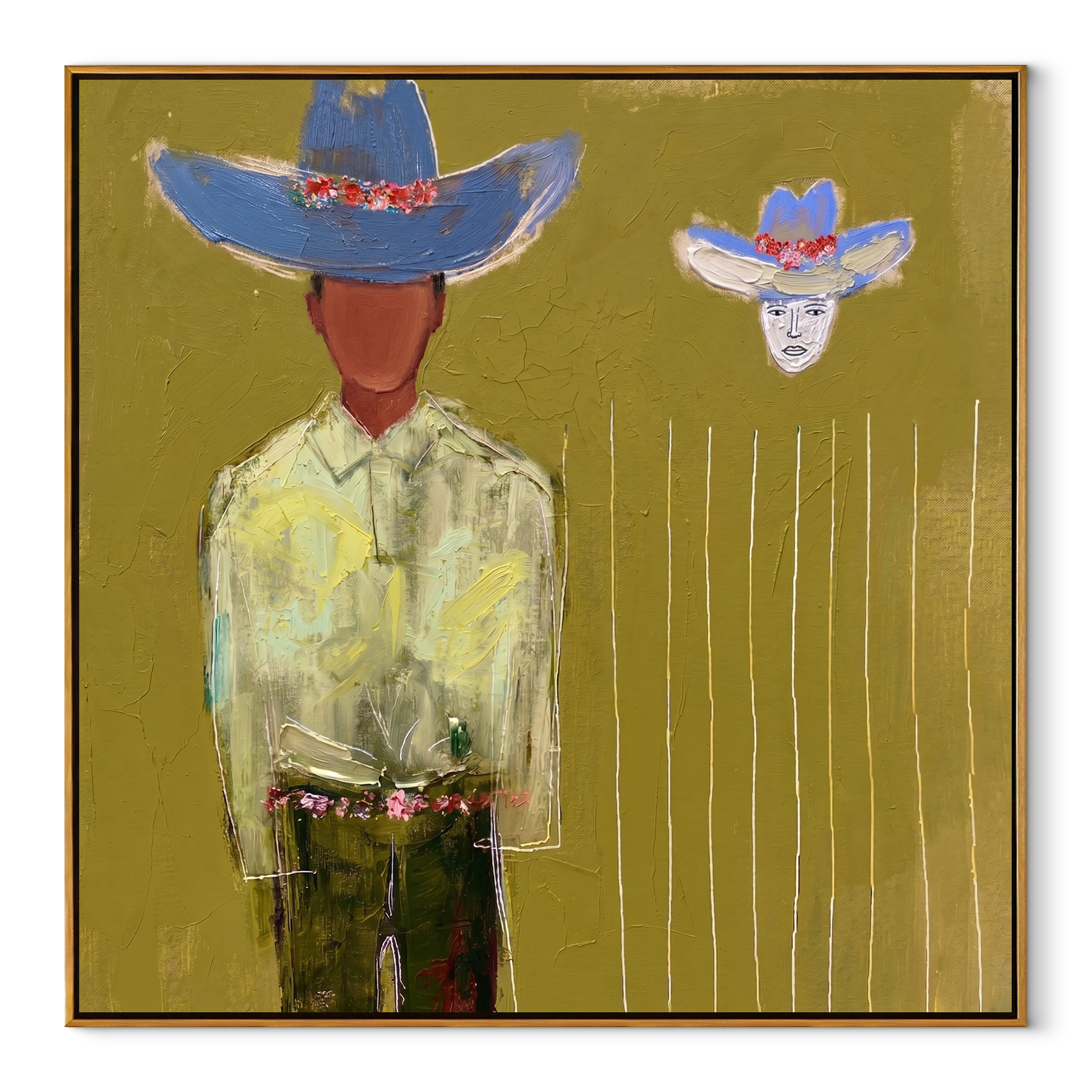 Blue Crown Floats Olive abstract figurative textured painting, square canvas artwork