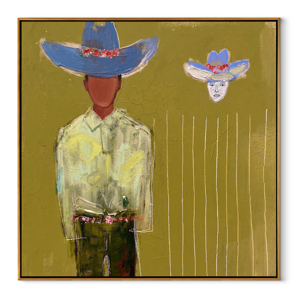 Blue Crown Floats Olive – Surreal Blue Hat Figure Painting | Mid-Century Modern Square Wall Art