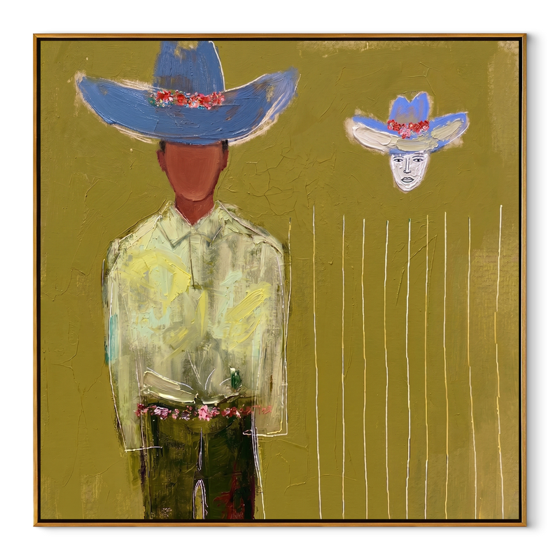 Blue Crown Floats Olive – Surreal Blue Hat Figure Painting | Mid-Century Modern Square Wall Art