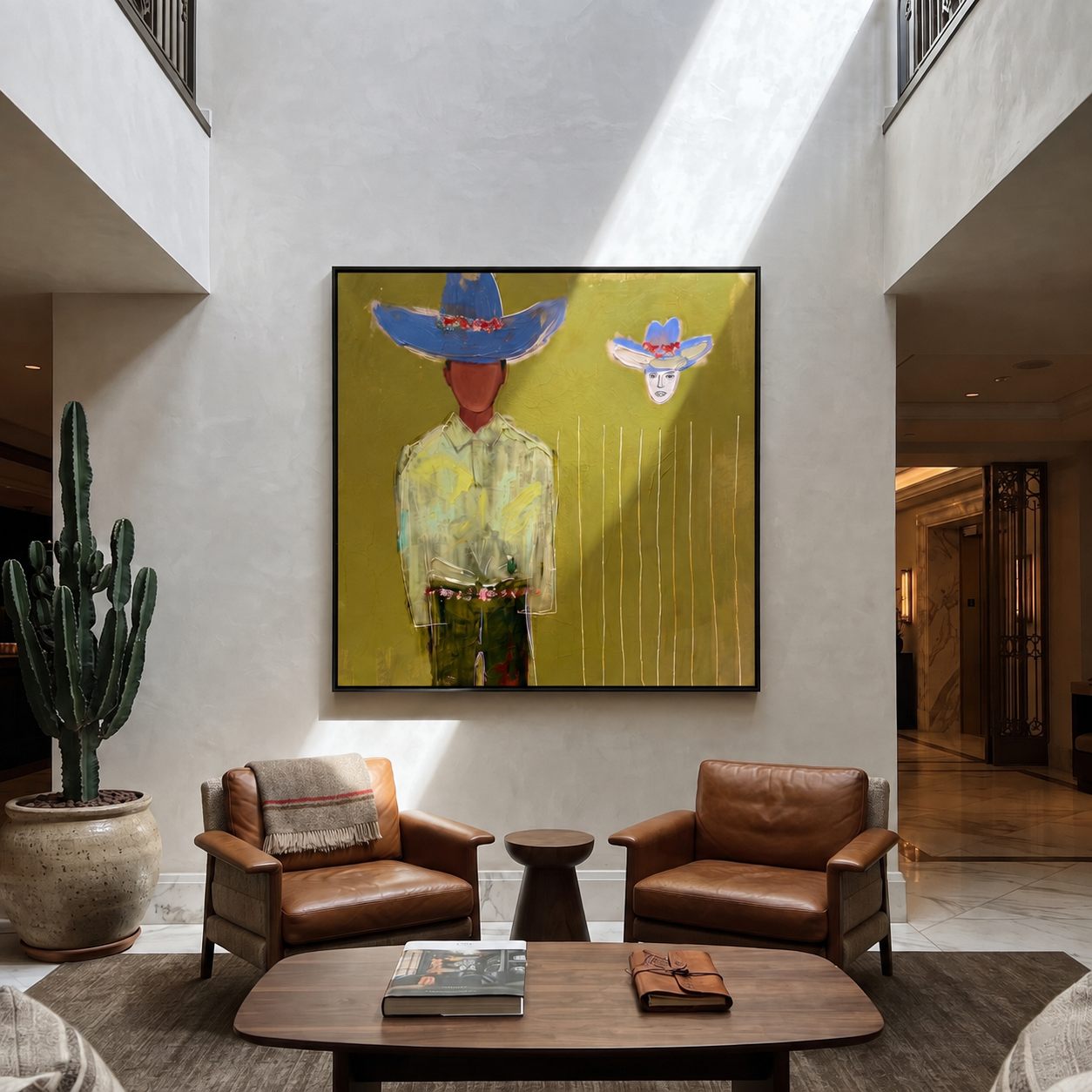 Blue Crown Floats Olive styled with neutral modern furnishings
