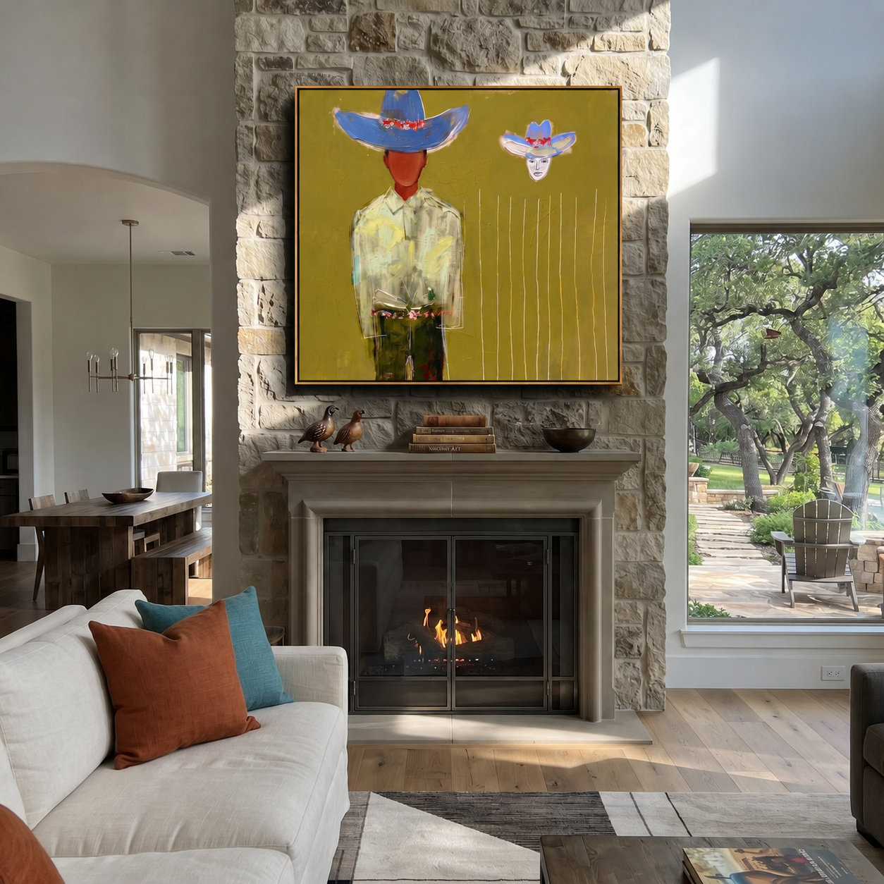 Blue Crown Floats Olive styled in a layered residential interior