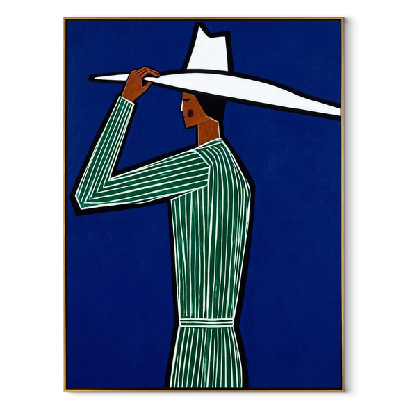 White Brim Cuts Cobalt – Green Stripe Profile Figure Painting | Mid-Century Modern Vertical Wall Art