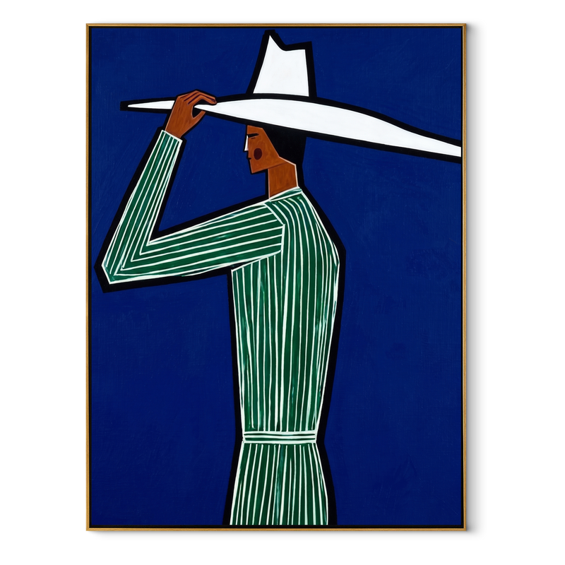 White Brim Cuts Cobalt – Green Stripe Profile Figure Painting | Mid-Century Modern Vertical Wall Art