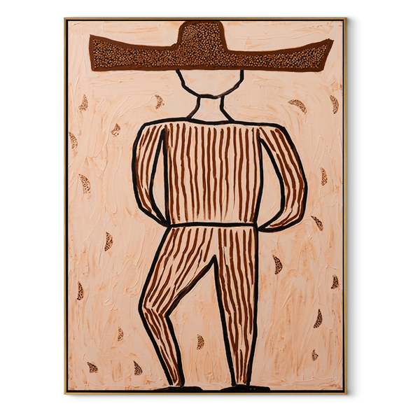 Earth Lines Walk Alone – Geometric Brown Hat Figure Painting | Mid-Century Modern Vertical Wall Art