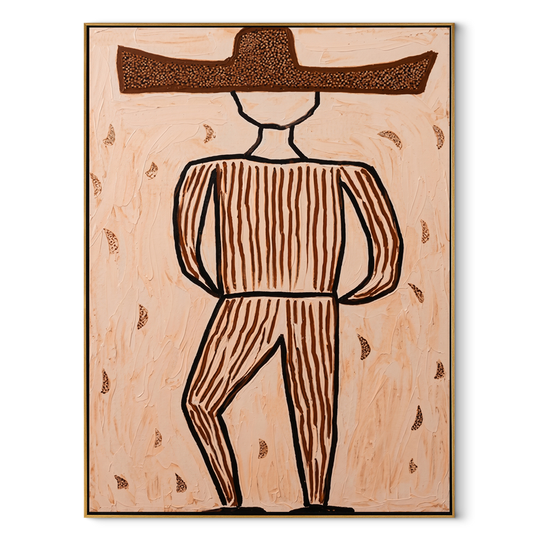 Earth Lines Walk Alone – Geometric Brown Hat Figure Painting | Mid-Century Modern Vertical Wall Art