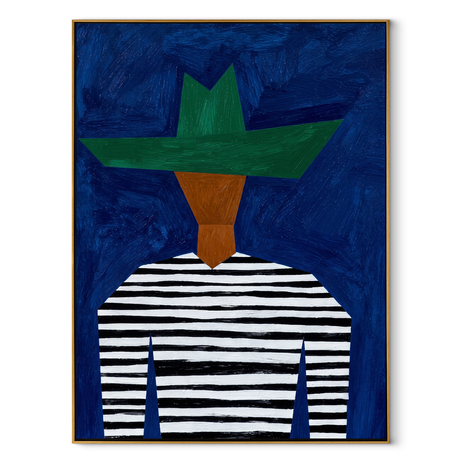 Green Crown Meets Stripes abstract figurative textured painting, vertical canvas artwork