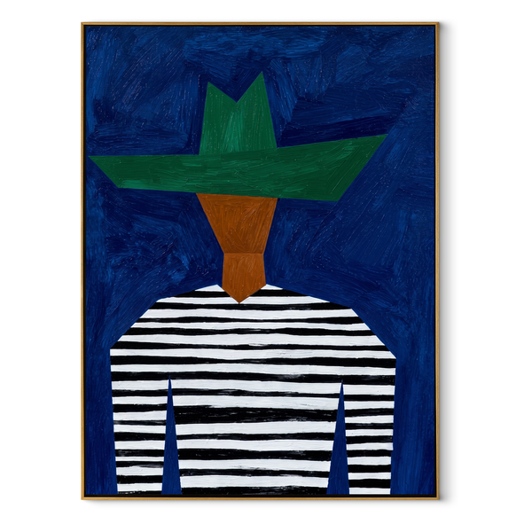Green Crown Meets Stripes – Blue Stripe Hat Portrait Painting | Mid-Century Modern Vertical Wall Art