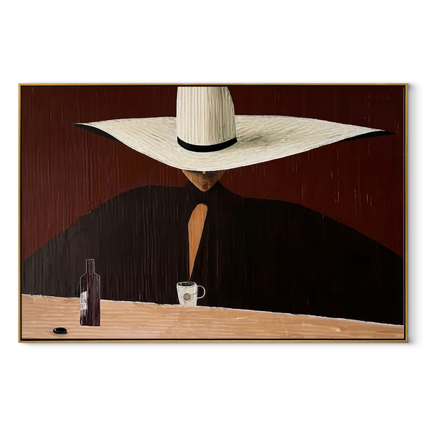 White Horizon Serves Coffee – White Hat Cafe Figure Painting | Mid-Century Modern Horizontal Wall Art