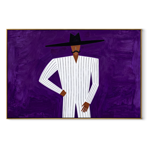 White Lines Stand Violet – White Suit Purple Ground Painting | Mid-Century Modern Horizontal Wall Art