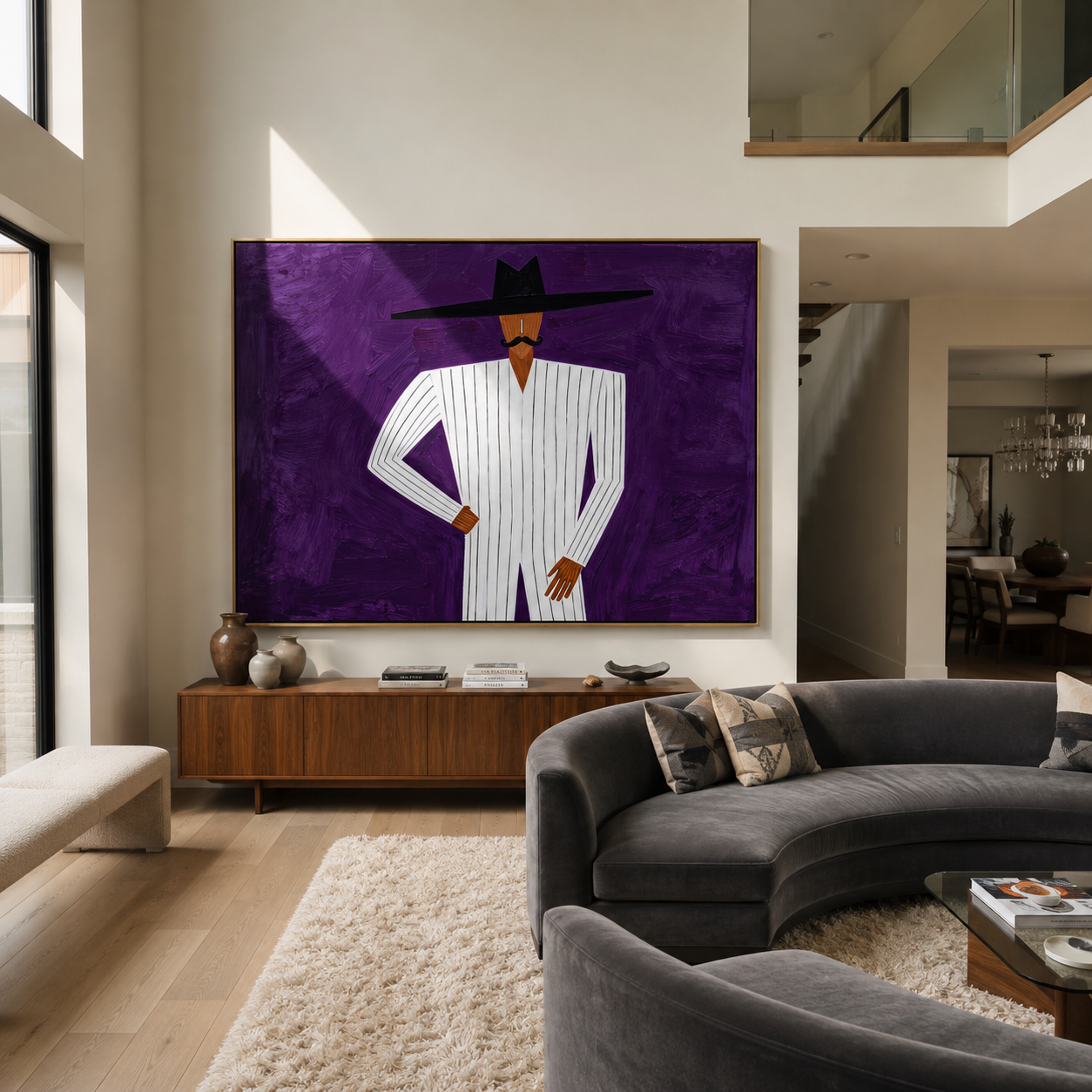 White Lines Stand Violet styled with neutral modern furnishings