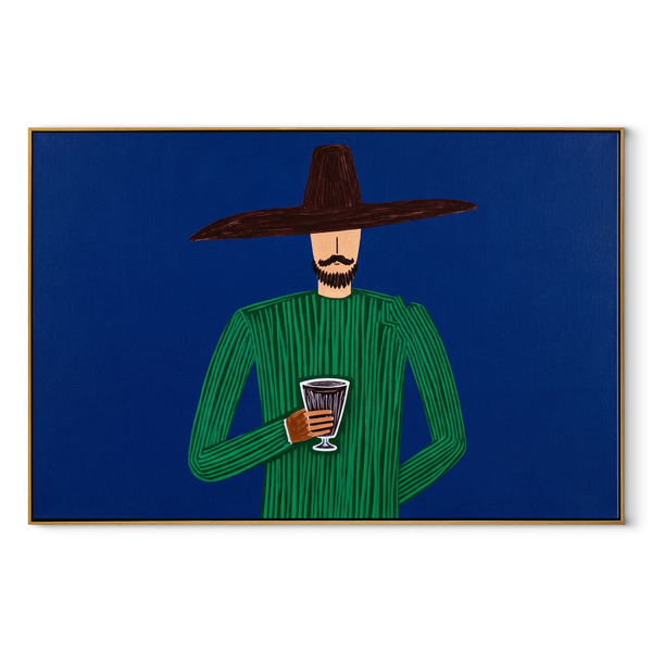 Green Hour Holds Drink – Green Figure with Glass Painting | Mid-Century Modern Horizontal Wall Art