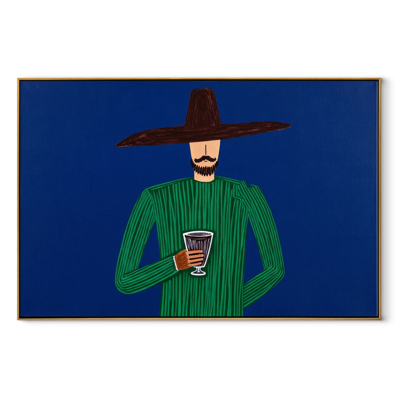 Green Hour Holds Drink – Green Figure with Glass Painting | Mid-Century Modern Horizontal Wall Art