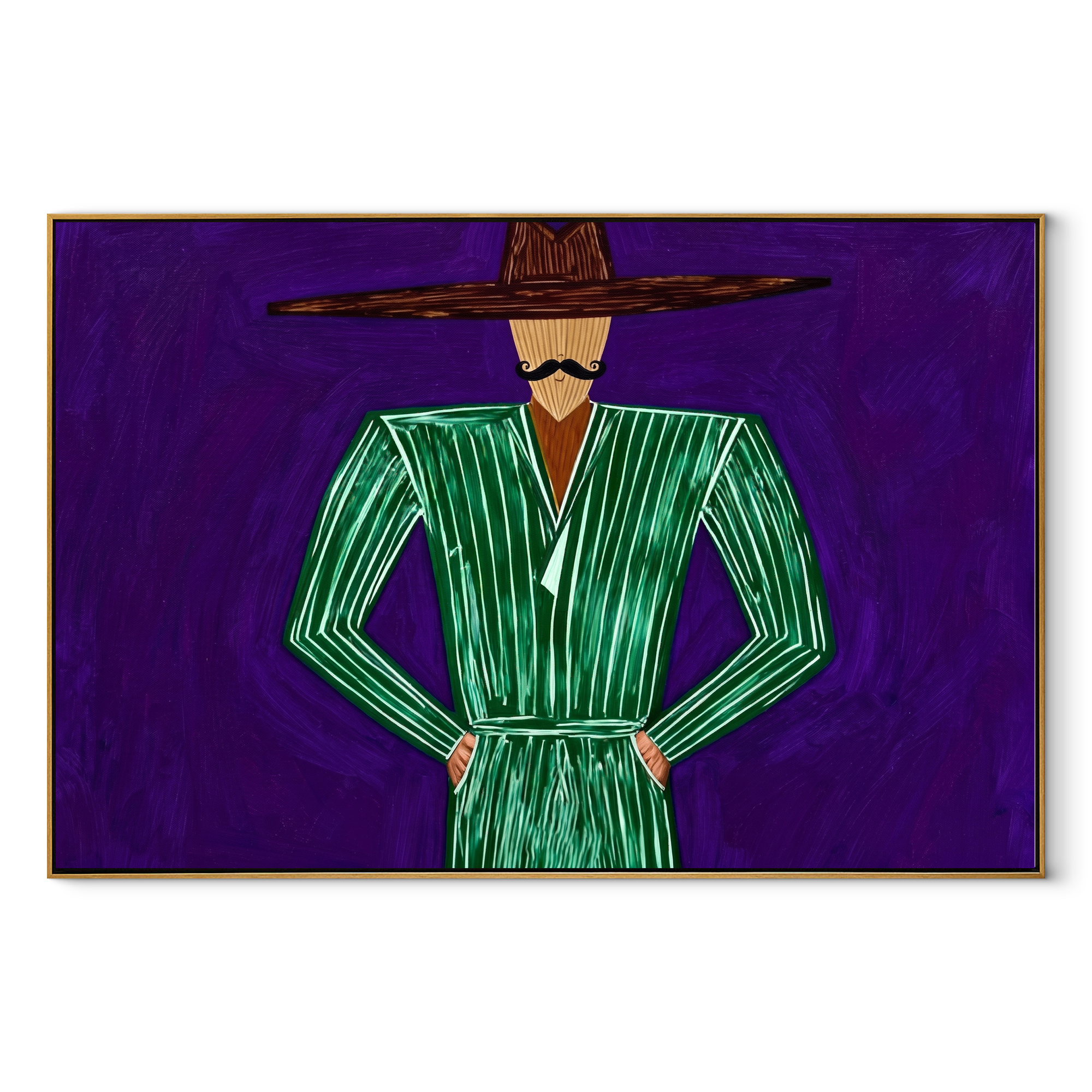 Emerald Lines Hold Violet abstract figurative textured painting, horizontal canvas artwork